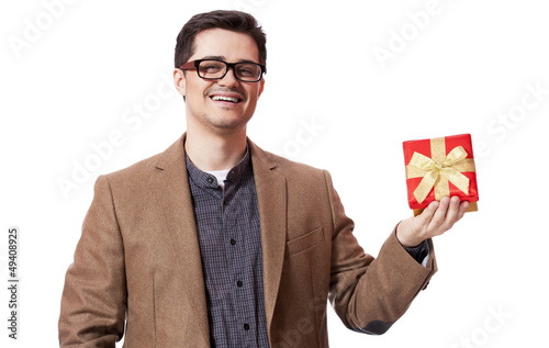 A man holding present box on white background.