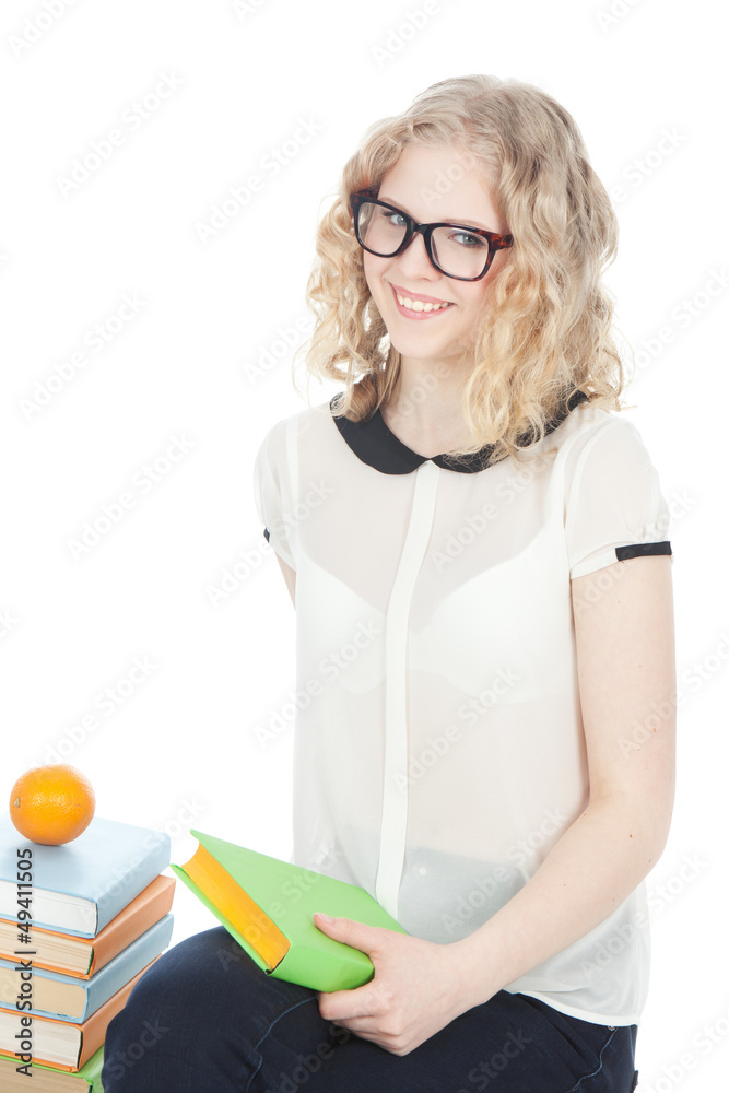 happy and smiling teenage girl over white
