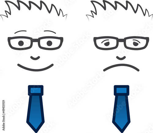 Businessman's face with glasses. One happy one sad.