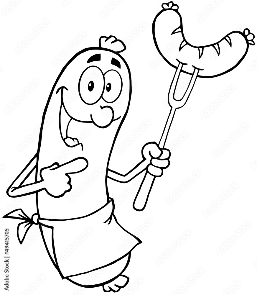 Outlined Sausage Cartoon Mascot Character With Sausage On Fork