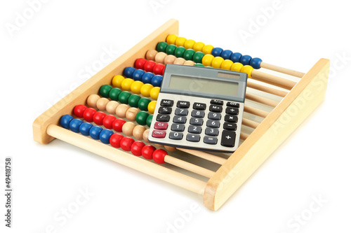 Bright wooden toy abacus and calculator  isolated on white