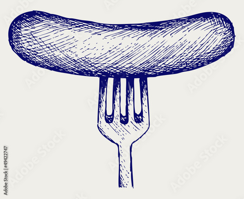 Grilled sausage on fork. Doodle style