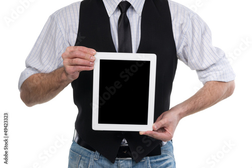 Man showing blank digital tablet pc. Isolated on white.