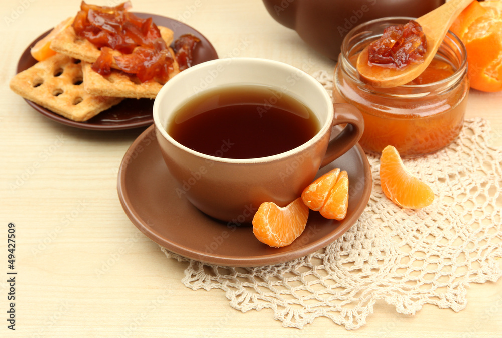 light breakfast with tea and homemade jam, on wooden table light breakfast with tea and homemade jam, on wooden table