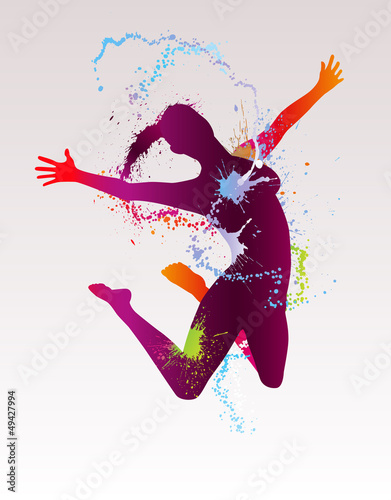 The dancing girl with colorful splashes. Vector illustration.