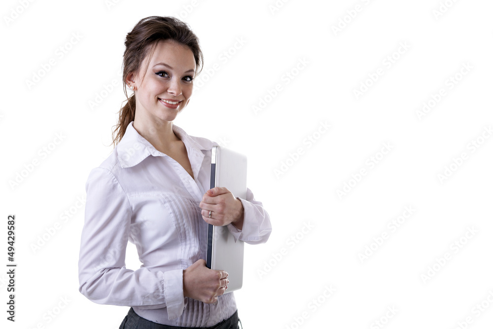 smiling businesswoman with a notebook in her hands isolated on w smiling businesswoman with a notebook in her hands isolated on w