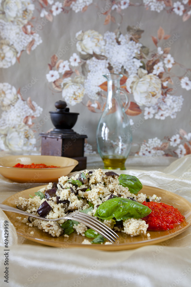 Couscous salad with grilled eggplant fried sweet red pepper