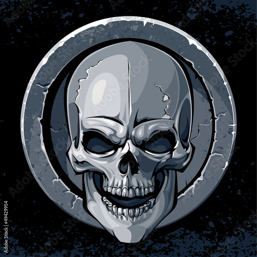 Skull in stone textured circle border on dark background