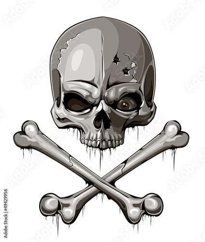 Decrepit skull with two crossed bones isolated on white