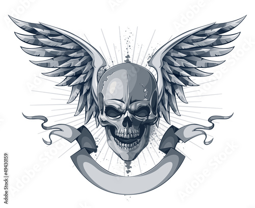 Skull with wings and ribbon