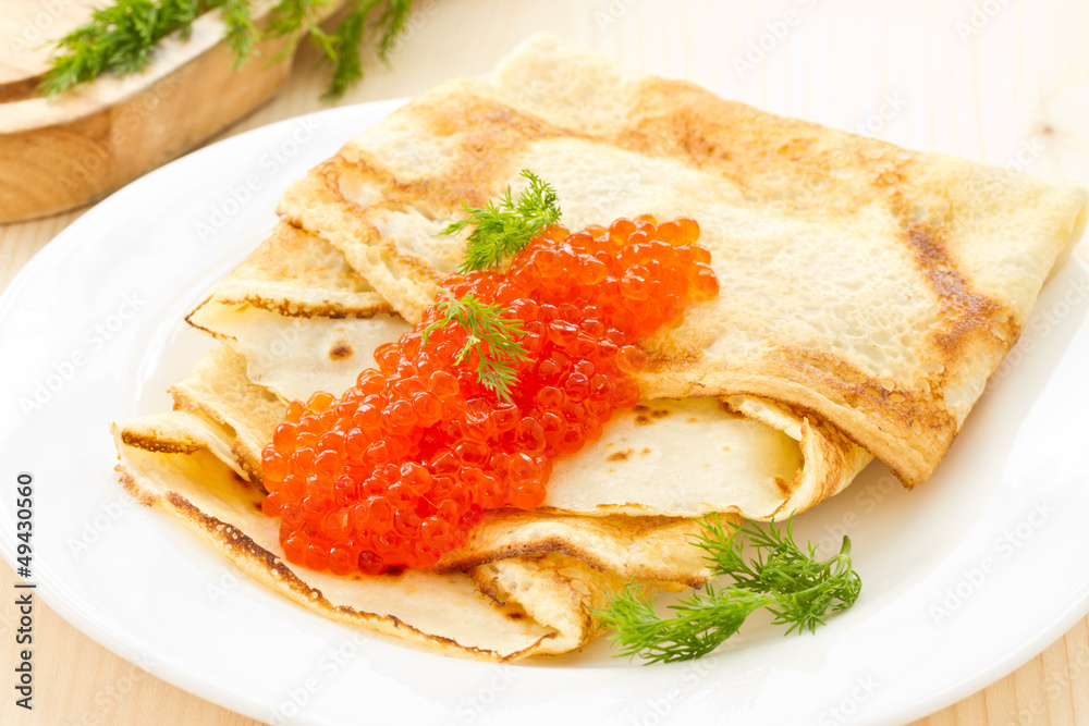 pancakes with red caviar