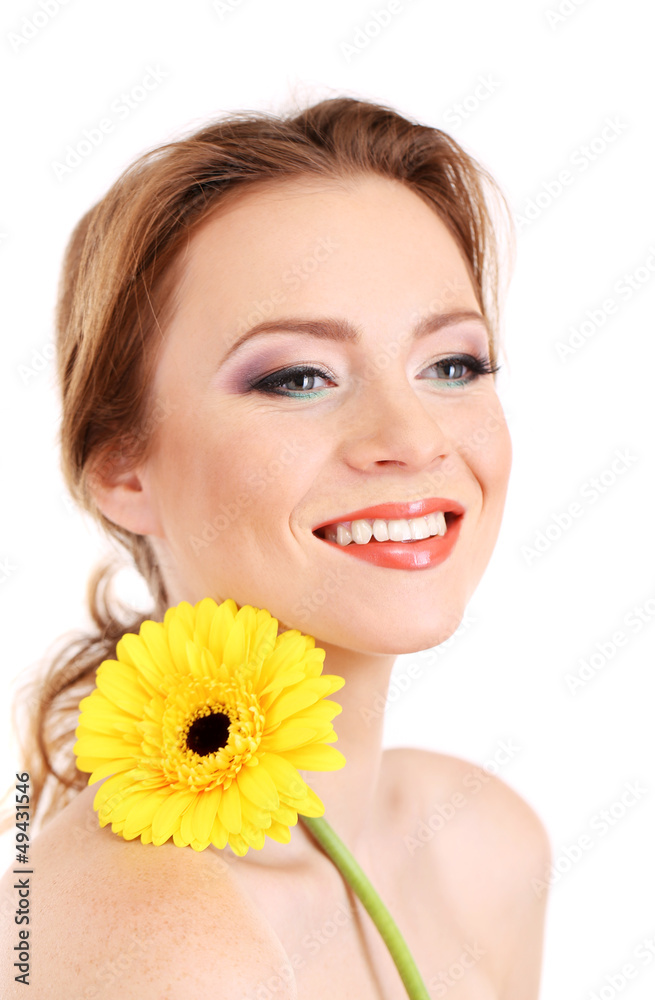 Beautiful young woman with bright make-up, holding flower, Beautiful young woman with bright make-up, holding flower,