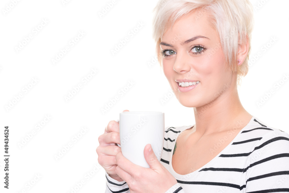 Young and smiling woman in front of white background Young and smiling woman in front of white background