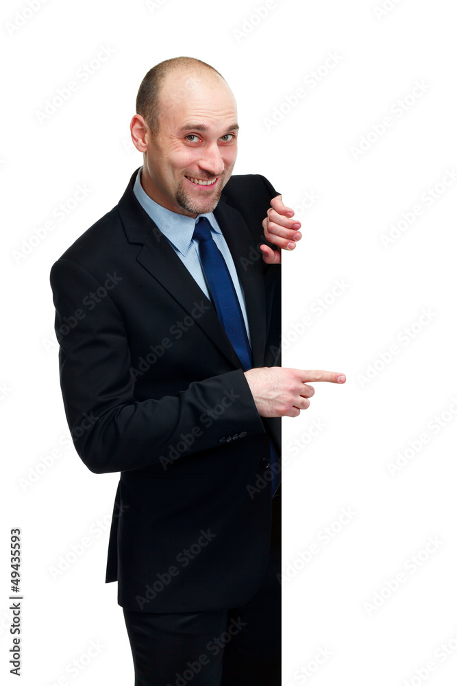 Businessman holding a banner - isolated over a white background Businessman holding a banner - isolated over a white background