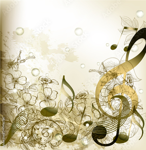 Grunge design background with notes and flowers