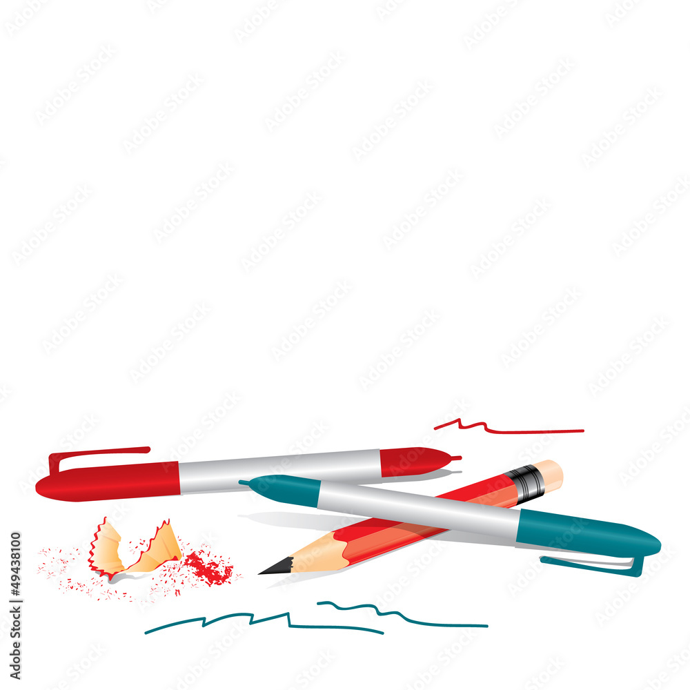 Red pencil with sharpener trash and pens, education concept Red pencil with sharpener trash and pens, education concept