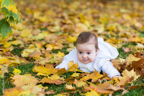 Adorable baby girl lying in yellow maple leaves
