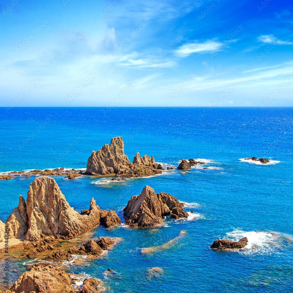 Cliff Rocks and Ocean Andalusia landscape. Parque Cabo de Gata