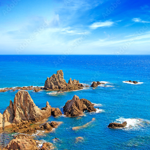 Cliff Rocks and Ocean Andalusia landscape. Parque Cabo de Gata