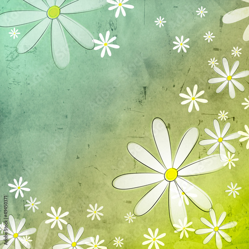 white flowers in blue green old paper background