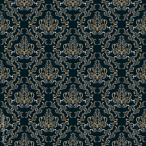 Damask seamless pattern against a dark background.