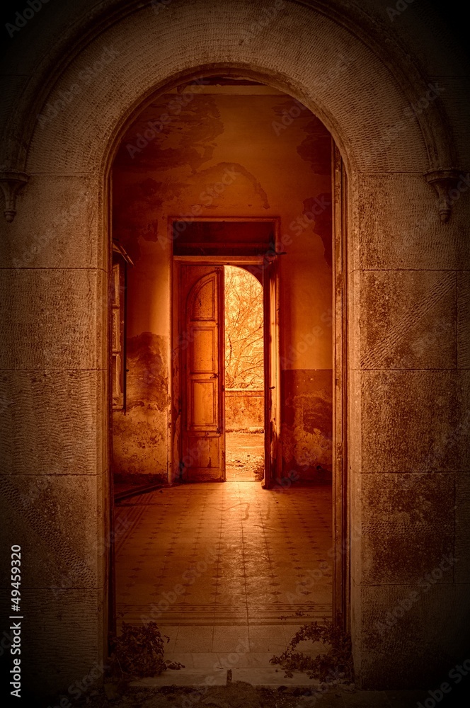 old door and sun flare