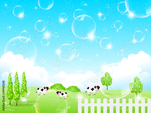 牧場　牛　シャボン玉　背景