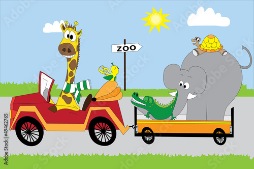 happy animals in the red car with trailer