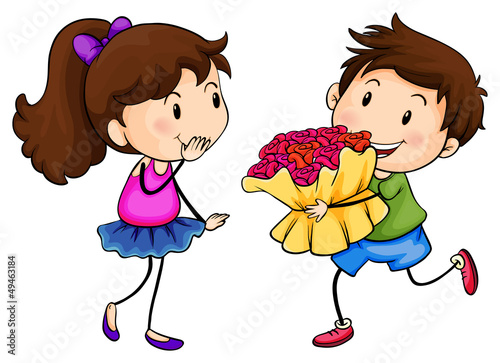 A boy with a bouquet of flowers
