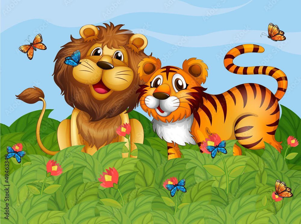 A lion, tiger and butterflies in the garden A lion, tiger and butterflies in the garden