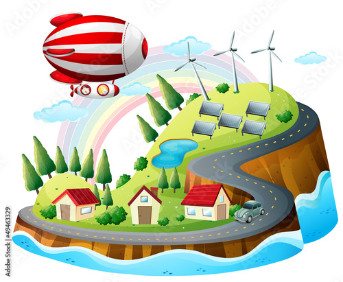 A view of the neighborhood with an airship
