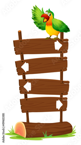 A colorful parrot at the top of a wooden signboard
