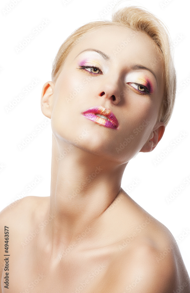 the floral makeup, she is turned of three quarters the floral makeup, she is turned of three quarters