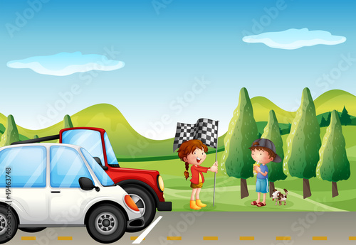 A girl holding a flag and a boy with his pet