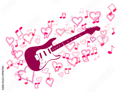 Guitar with pink hearts and notes illustration