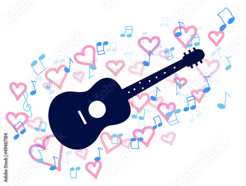 Guitar with pink hearts and notes illustration