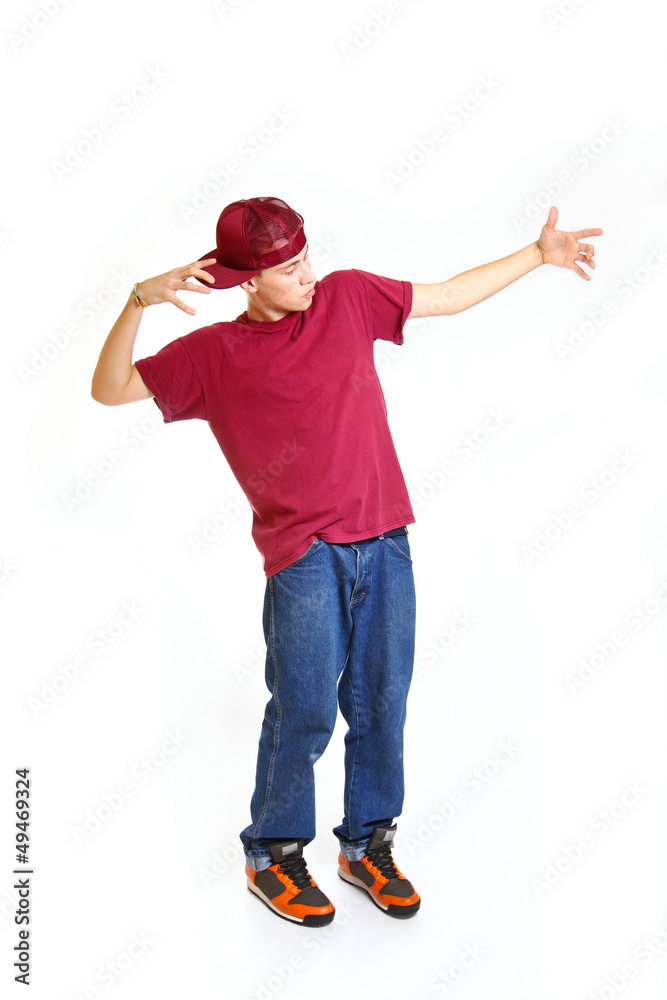 Portrait of cool young breakdancer posing isolated on white back Portrait of cool young breakdancer posing isolated on white back
