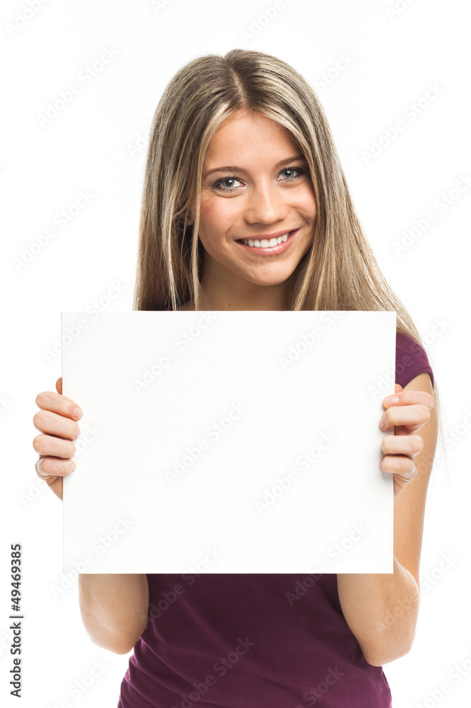 Young blond woman showing blank signboard Young blond woman showing blank signboard