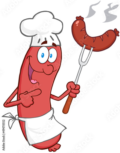 Happy Sausage Chef Cartoon Mascot Character With Sausage On Fork