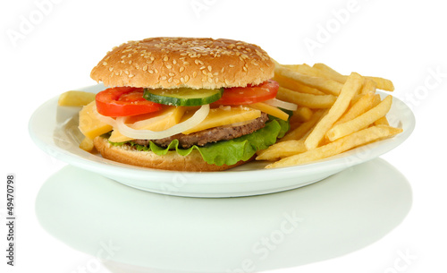 Tasty cheeseburger with fried potatoes, isolated on white