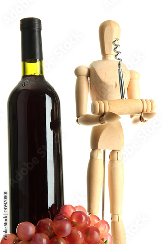 Mannequin with corkscrew and wine bottle, isolated on white