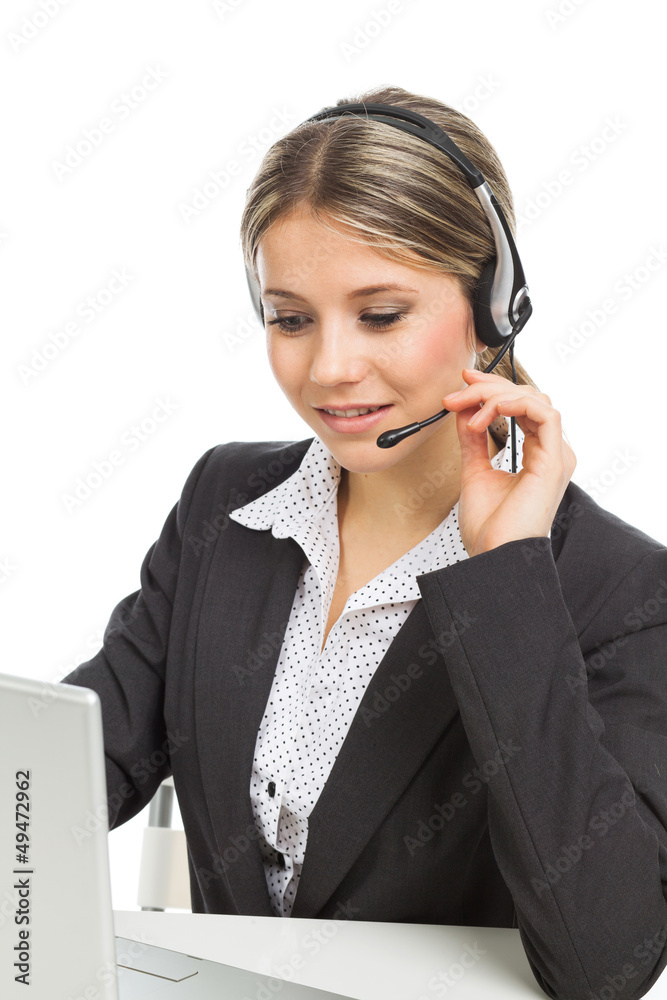 Phone operator with headphones and laptop Phone operator with headphones and laptop