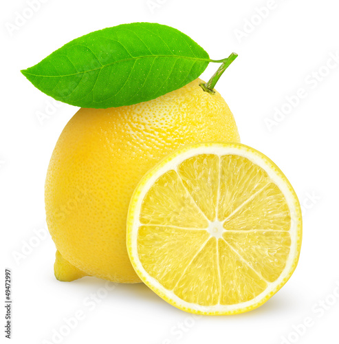 Isolated lemon. One whole lemon fruit and a half isolated on white background