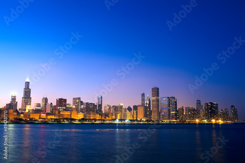Downtown Chicago across Lake Michigan at sunset, IL, USA
