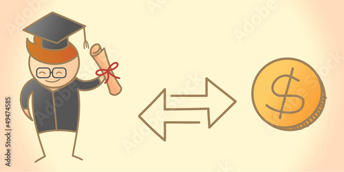 cartoon character of graduate student and dollar coin