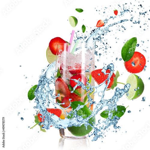 Fruit Cocktail with splashing liquid isolated on white #49478579