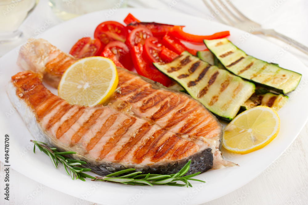 salmon with grilled vegetables and lemon salmon with grilled vegetables and lemon
