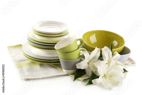Fototapeta Naklejka Na Ścianę i Meble -  Empty bowls, plates and cups isolated on white