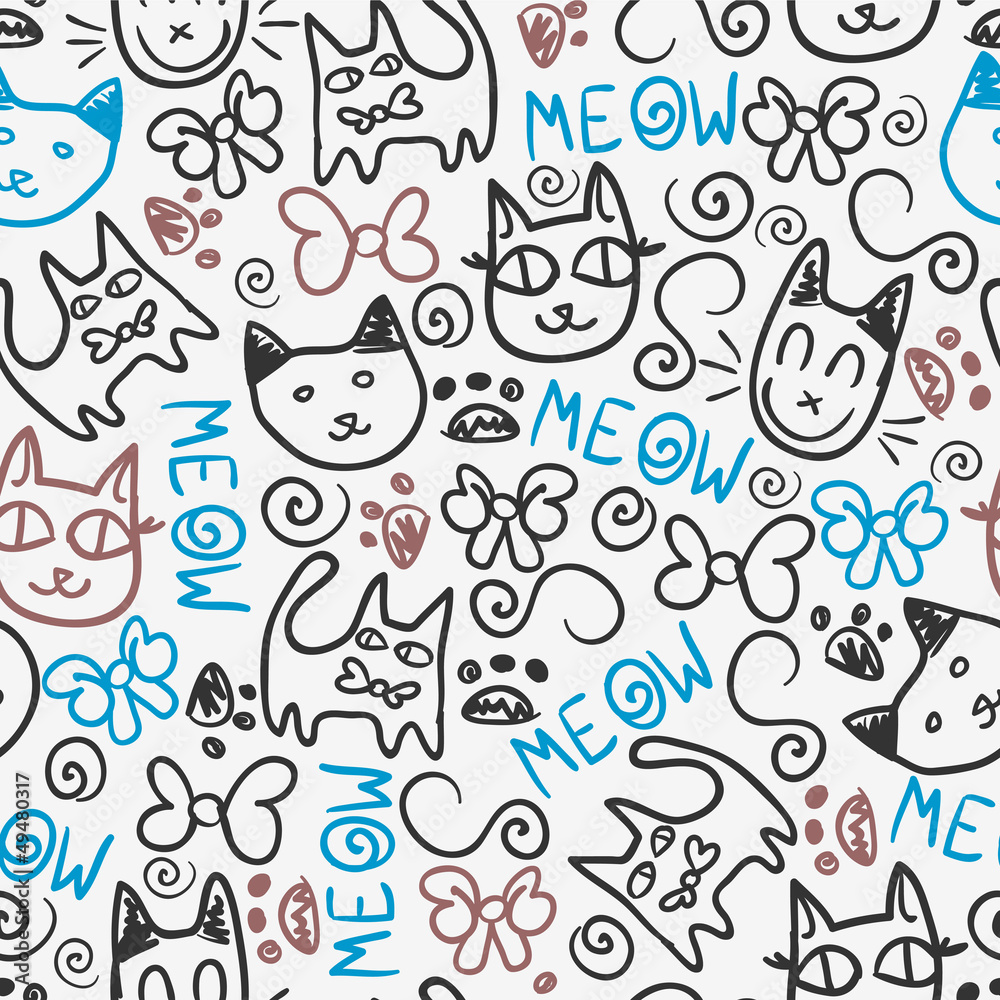 Cute seamless pattern with kitty doodles