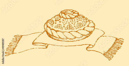 Vector drawing. Karavai - traditional Slavic holiday bread